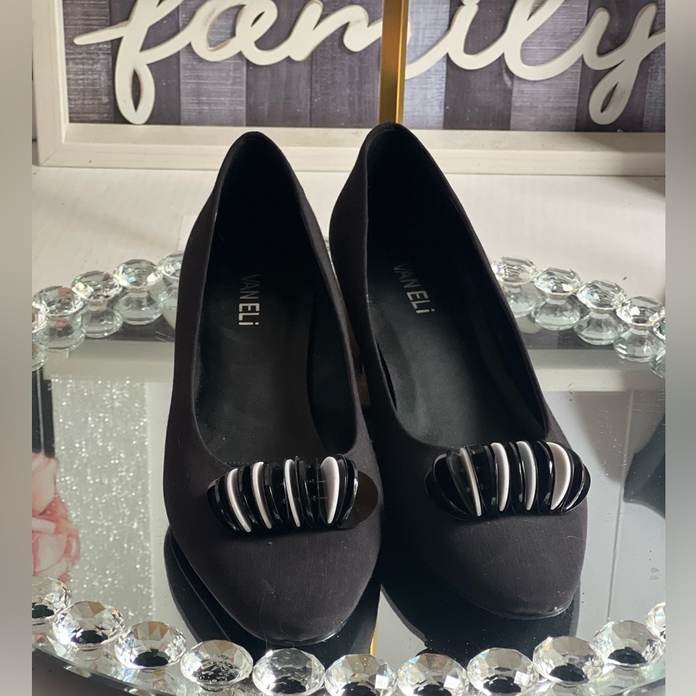 Vaneli Black Loafers with Striped Buckle size 9